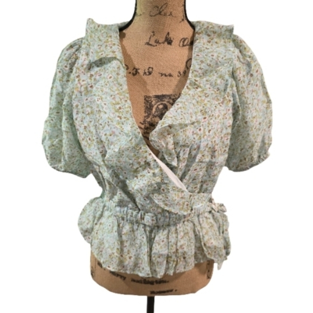 1 STATE Womens Blouse Floral Print Ruffle V Neck Short Sleeve Peplum Top M - Picture 2 of 7